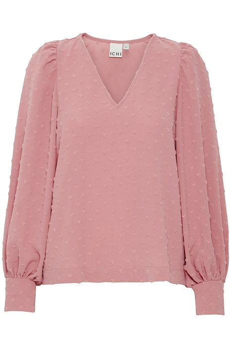 ICHI : V-Neck Textured Blouse - Pink