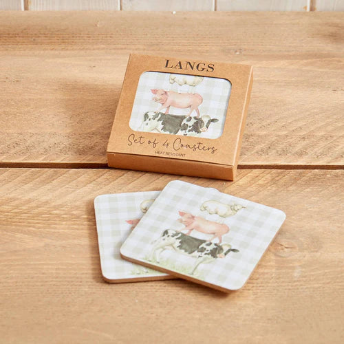 LANGS : Farm Animals Set of 4 Heat Resistant Coasters in a Box