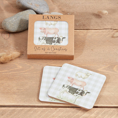 LANGS : Farm Animals Set of 4 Heat Resistant Coasters in a Box