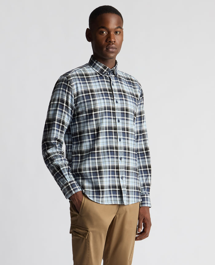 REMUS UOMO : Seville Long Sleeve Checked Shirt - Blue