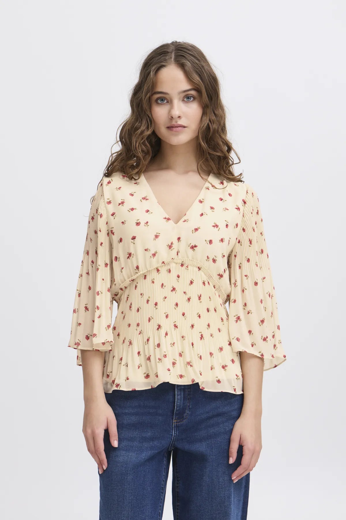 ICHI Neally Floral V-Neck Blouse - Cream