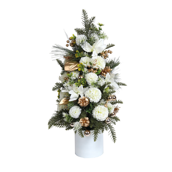 Christmas Floral Arrangement in White Pot White and Gold 60cm