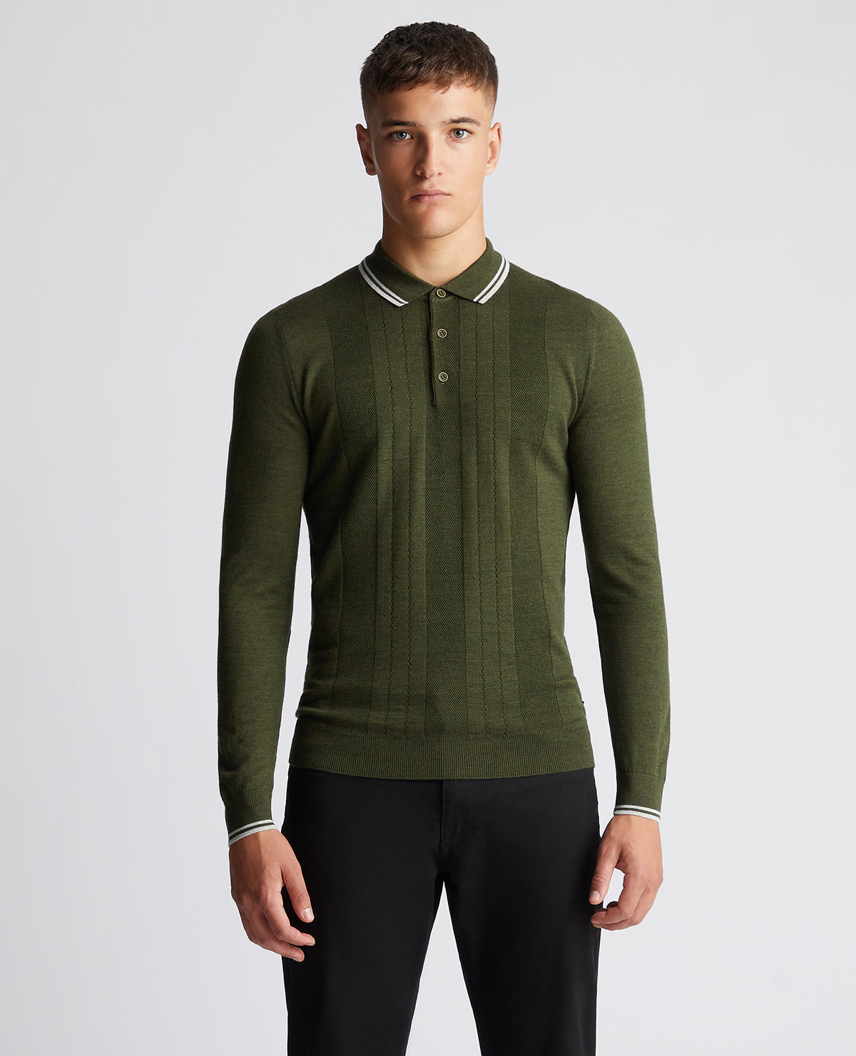 REMUS UOMO : Long Sleeve Knitted Polo - Khaki