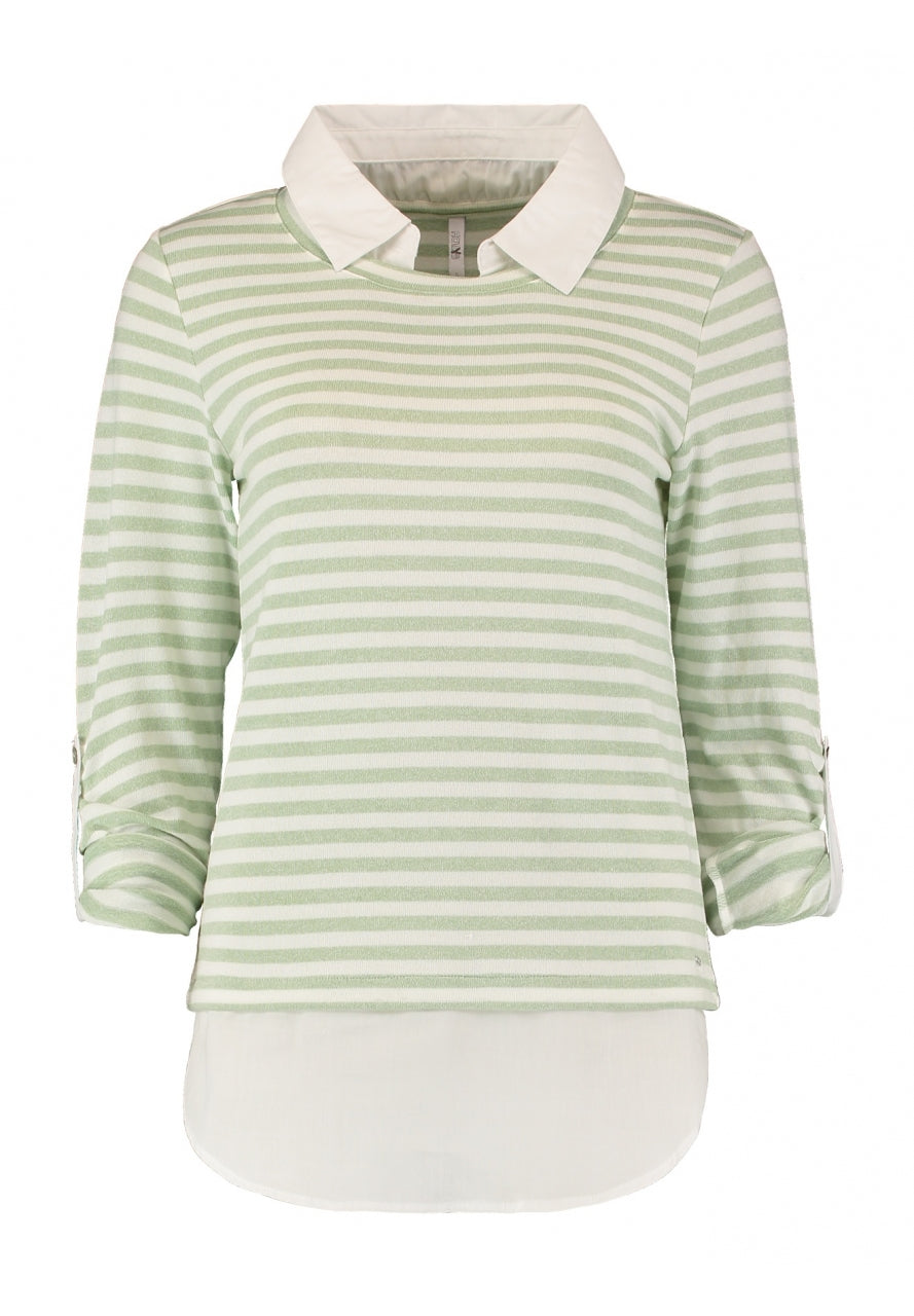 HAILYS : Stripe Jumper with Shirt Insert - Green