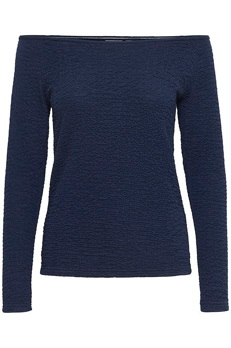 ICHI Malina Boat Neck Textured Top - Navy