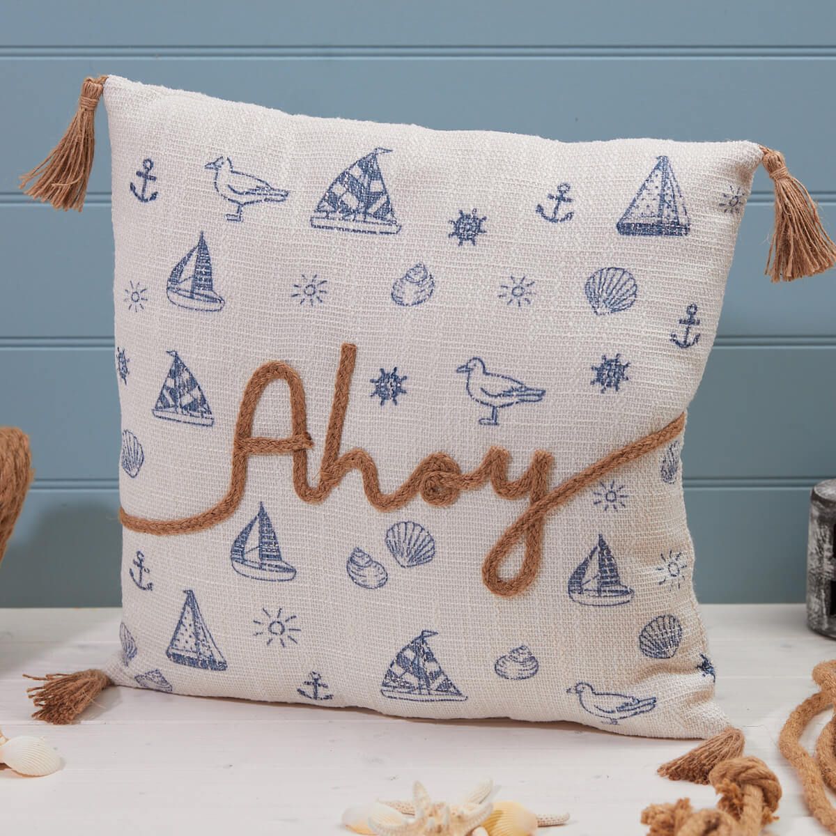 LANGS Coastal Ahoy Embroided Tassels Cushion 43x43cm