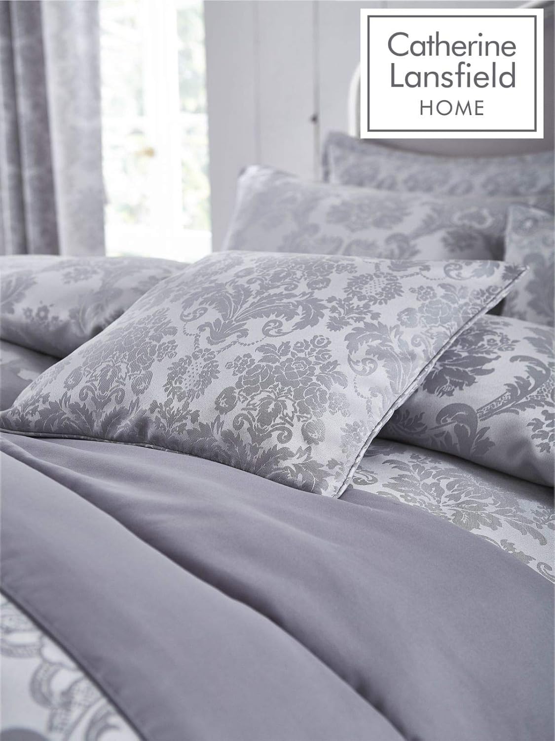 CATHERINE LANSFIELD Damask Jacquard Duvet Cover Set - Silver