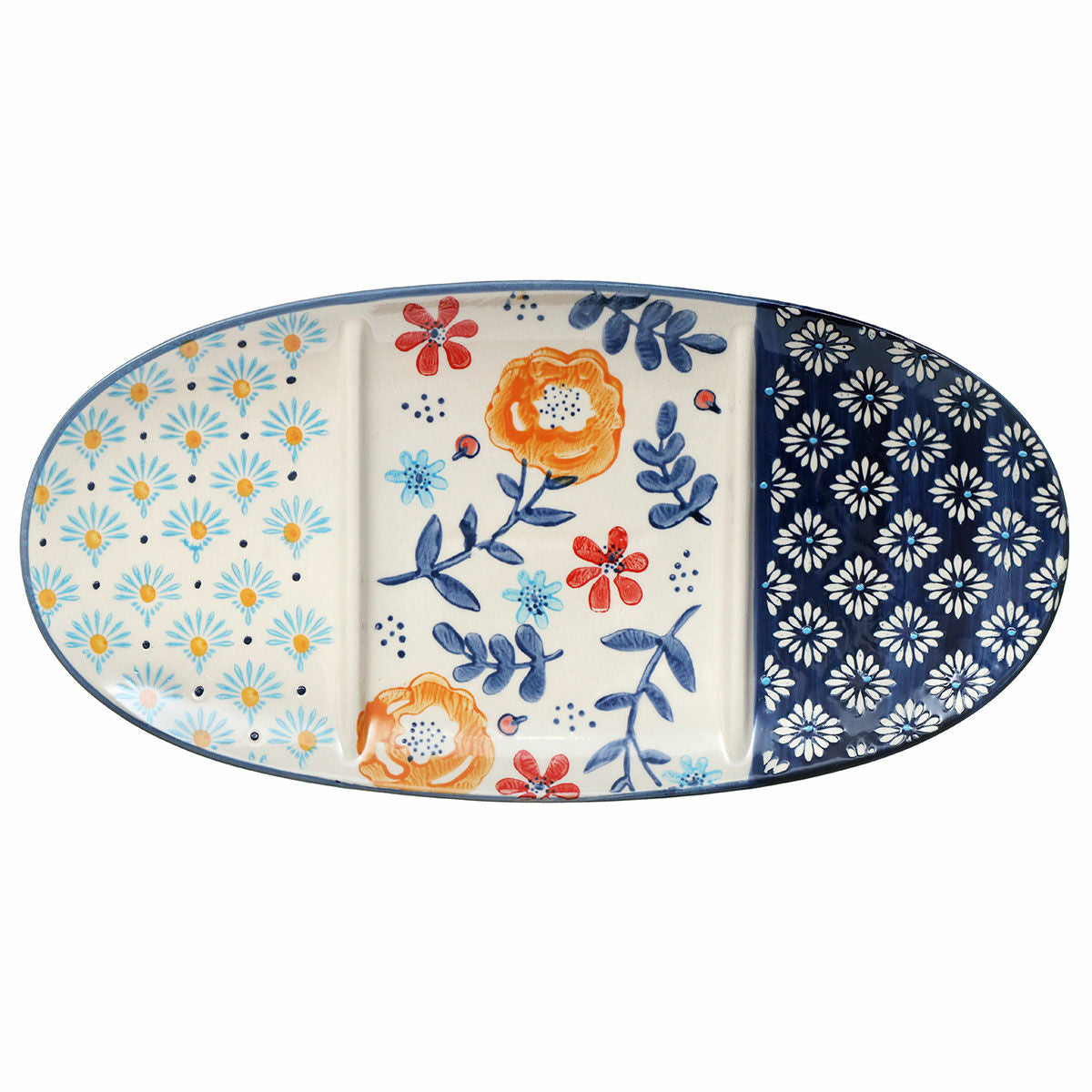 LANGS : Coral&Blue Floral Ceramic Oval Serving Dish