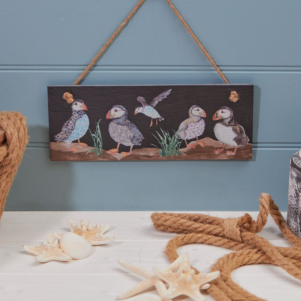 LANGS : Puffins on a Beach Wooden Plaque