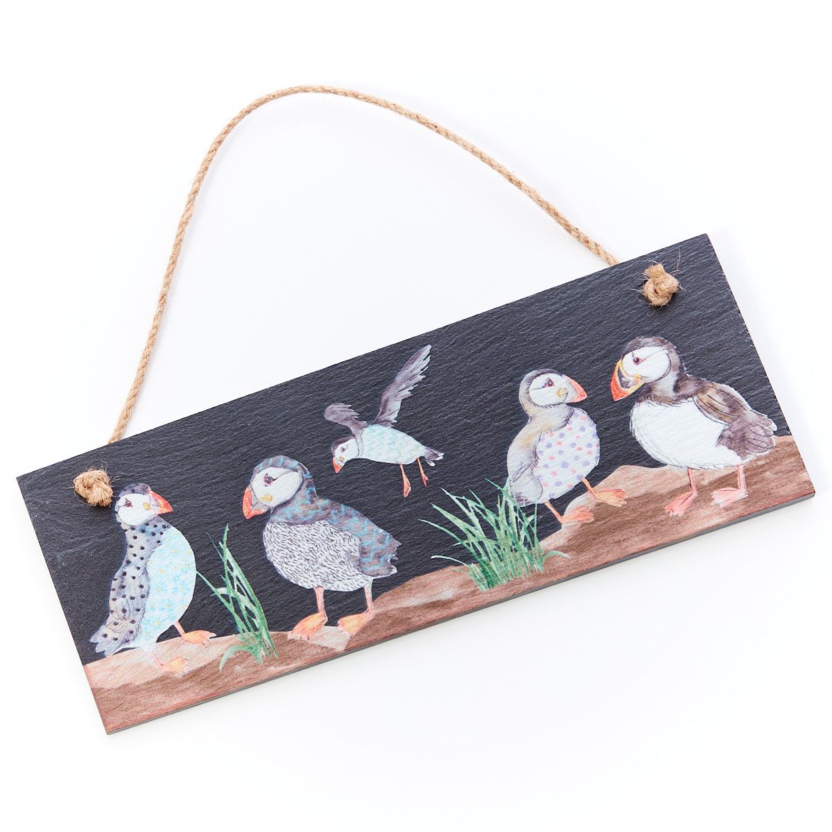 LANGS : Puffins on a Beach Wooden Plaque