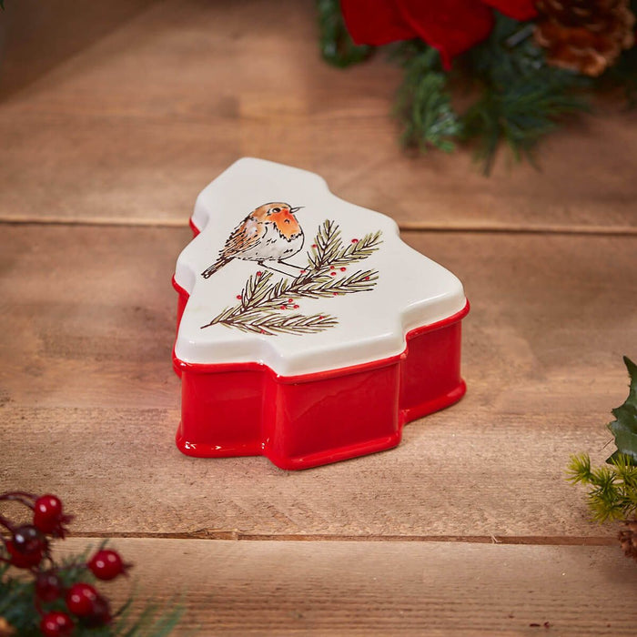 LANGS Christmas Robin Tree Shaped Ceramic Cookie Box 16cm