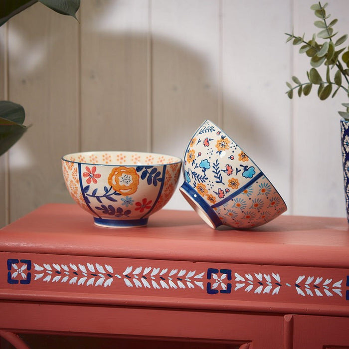 LANGS : Coral&Blue Floral Stoneware Bowl