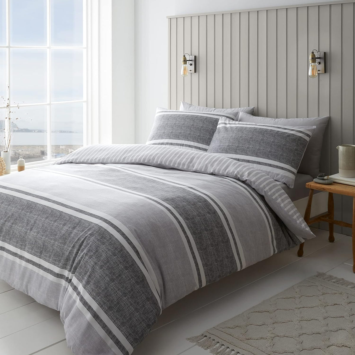 CATHERINE LANSFIELD Textured Banded Stripe Duvet Cover Set - Grey