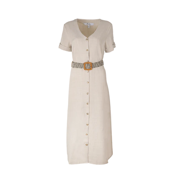 VILA JOY : Calm V-Neck Belted Midi Dress - Beige