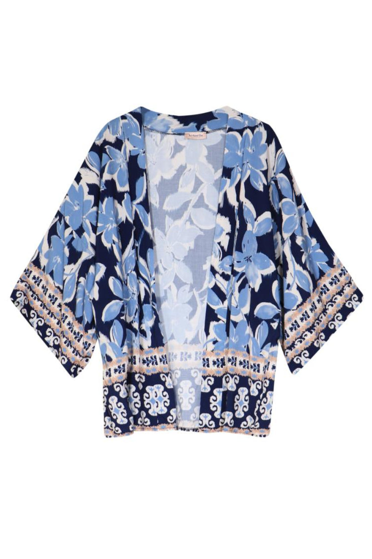 ACTUELLE Floral Wide Sleeve Kimono - Navy