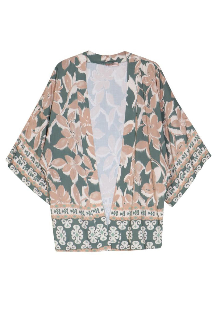 ACTUELLE Floral Wide Sleeve Kimono - Khaki