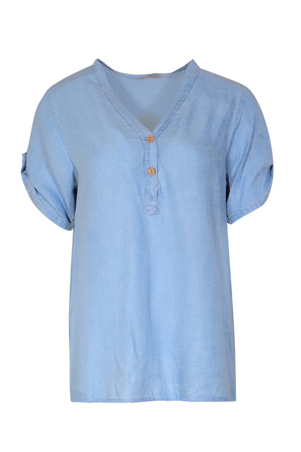 ACTUELLE Button V-Neck Top - Light Blue