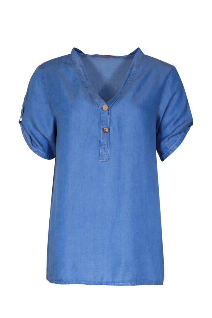 ACTUELLE Button V-Neck Top - Mid Blue