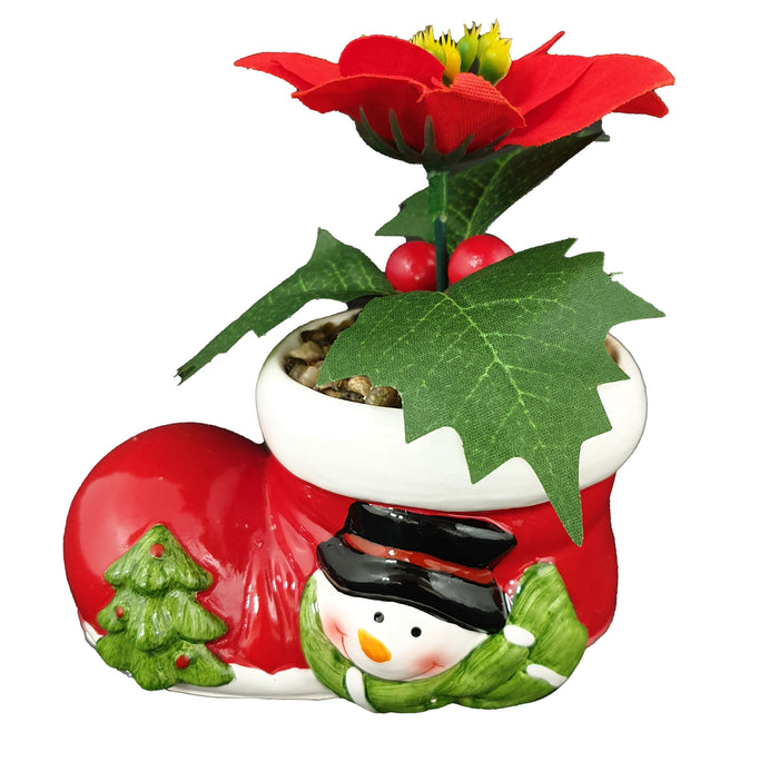 JINGLES Christmas Ceramic Snowman Boot with Flower - 16cm