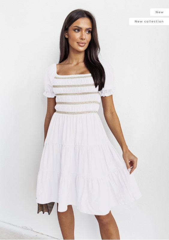 COPE CLOTHING : Shiny Band Ruffled Summer Dress - White