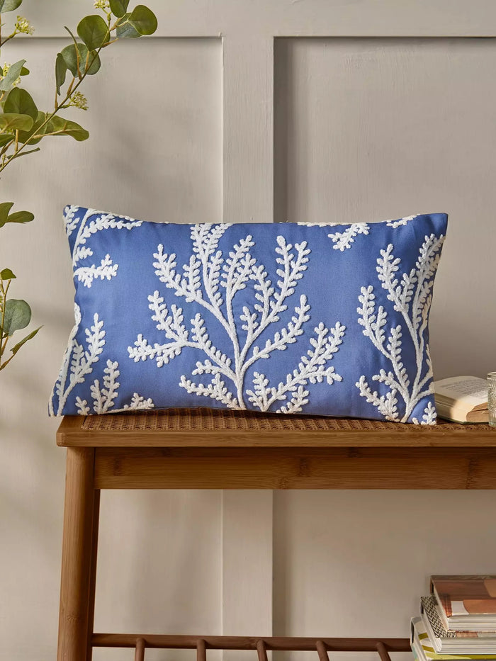 CATHERINE LANSFIELD Coral Leaf Embroided Filled Cushion 30x50cm - Blue