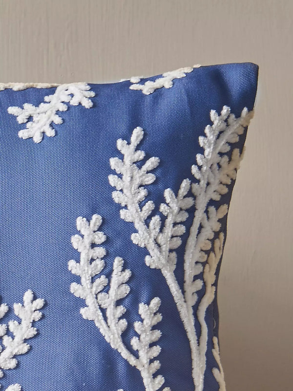 CATHERINE LANSFIELD Coral Leaf Embroided Filled Cushion 30x50cm - Blue