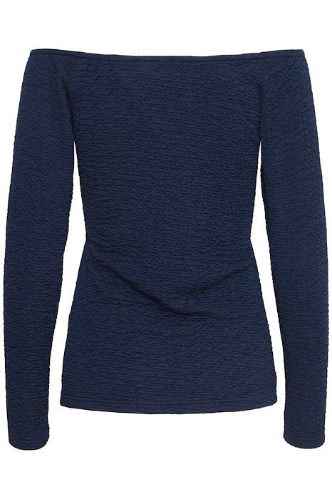 ICHI Malina Boat Neck Textured Top - Navy