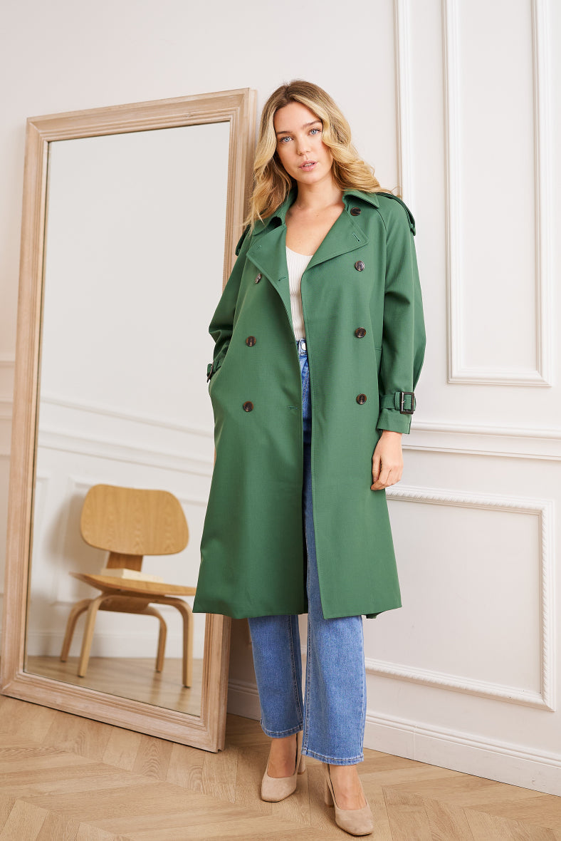 COPE CLOTHING : Belted Long Trench Coat - Green