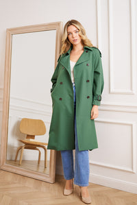 COPE CLOTHING : Belted Long Trench Coat - Green