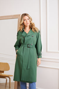 COPE CLOTHING : Belted Long Trench Coat - Green