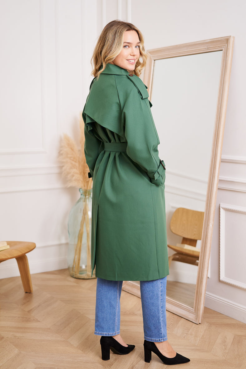 COPE CLOTHING : Belted Long Trench Coat - Green