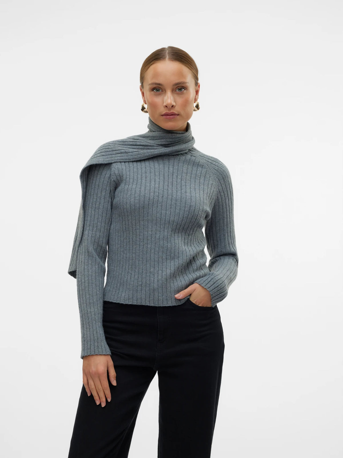 VERO MODA : Zoey Wrap Neck Jumper - Grey