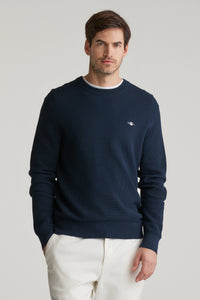 GANT Micro Textured Cotton Crew Neck Sweater - Navy