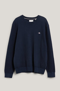 GANT Micro Textured Cotton Crew Neck Sweater - Navy