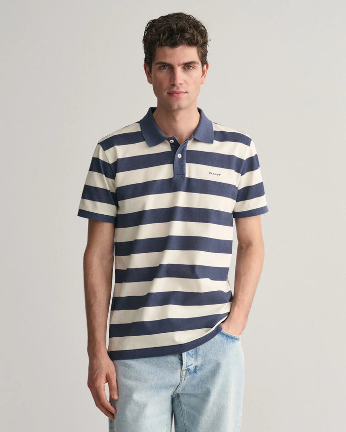 GANT : Striped Heavy Washed Polo Shirt - Evening Blue