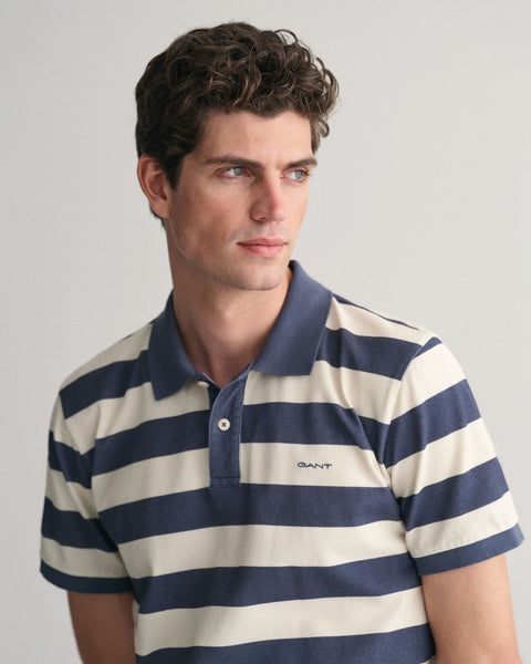 GANT : Striped Heavy Washed Polo Shirt - Evening Blue