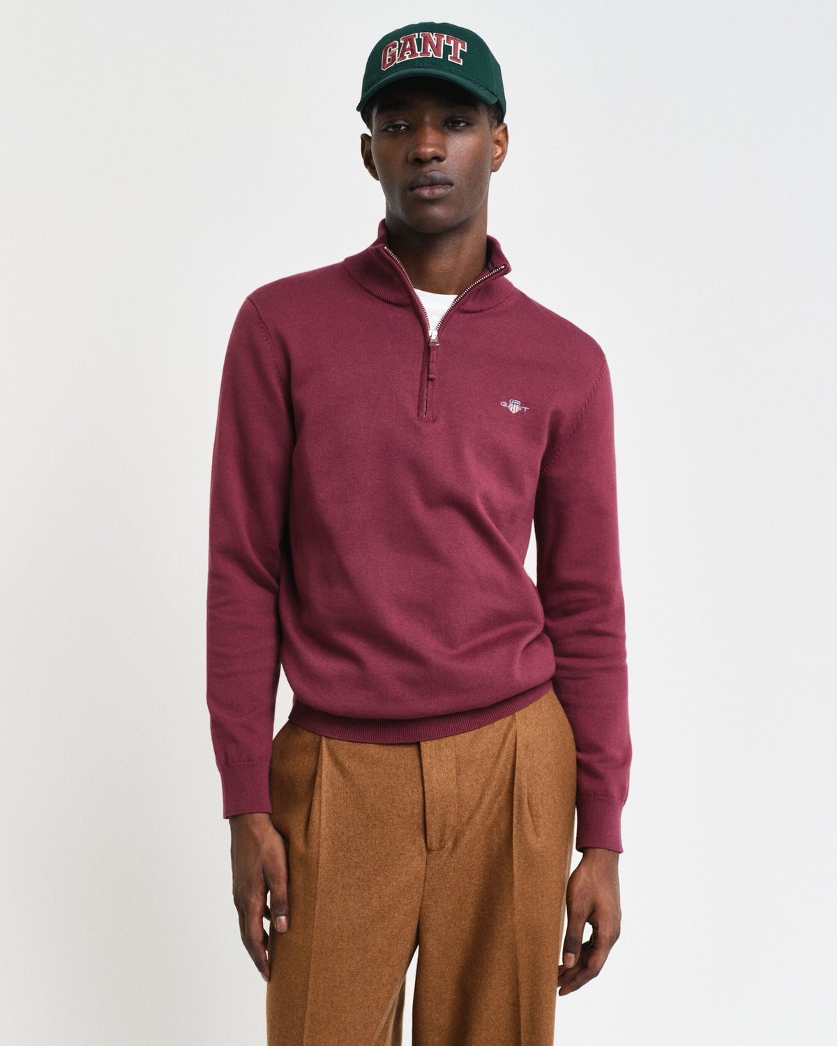 GANT : Classic Cotton Half Zip Sweater - Wine Red