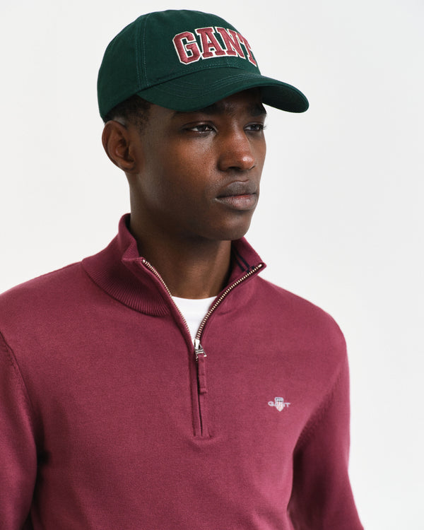 GANT : Classic Cotton Half Zip Sweater - Wine Red