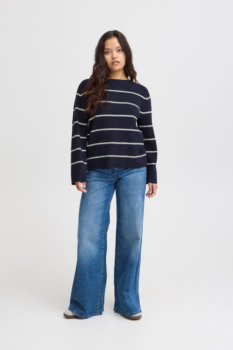 ICHI : Boston Striped Pullover - Navy