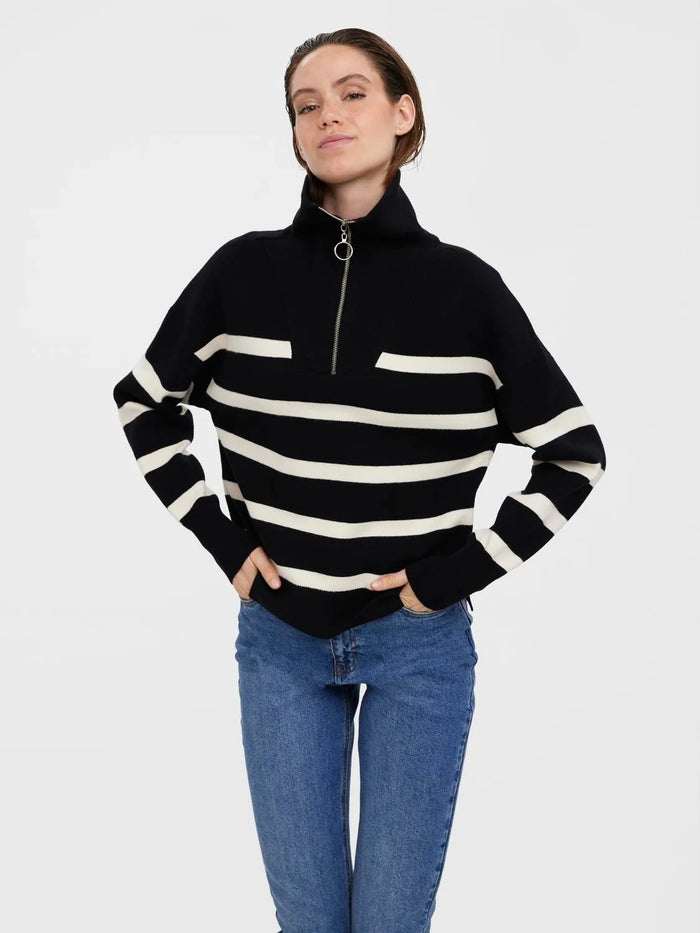 VERO MODA Saba Stripe High Neck Pullover - Black/Cream