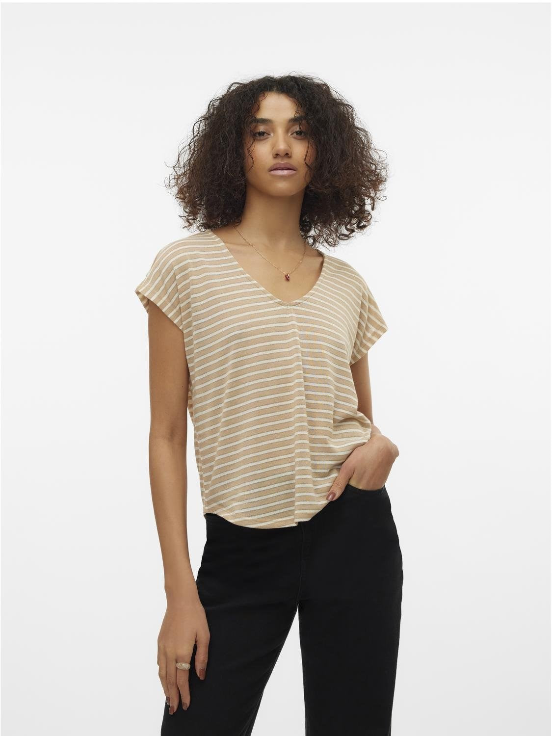 VERO MODA : Gatja V-Neck Lurex T-Shirt - Birch