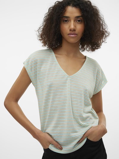 VERO MODA : Gatja V-Neck Lurex T-Shirt - Green