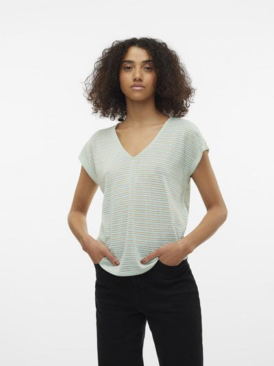 VERO MODA : Gatja V-Neck Lurex T-Shirt - Green