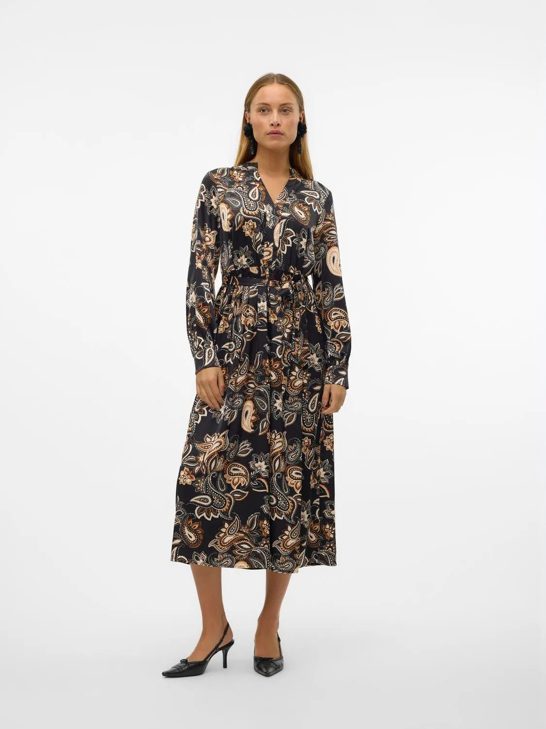 VERO MODA Thora LS V-Neck 7/8 Dress - Black Print