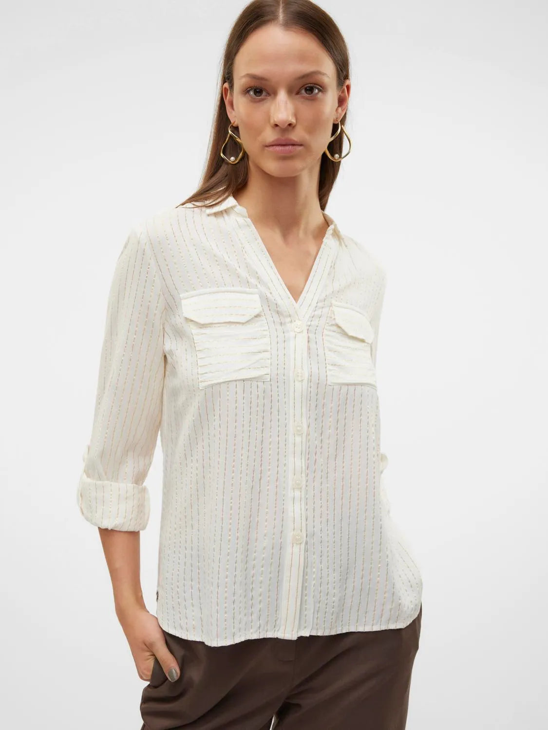 VERO MODA : Bumpy Glitter Striped Shirt - White