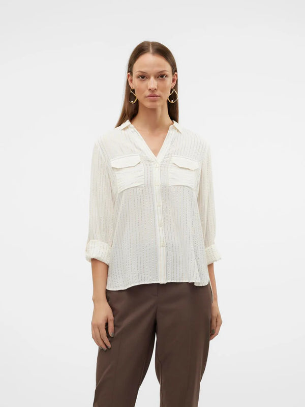 VERO MODA : Bumpy Glitter Striped Shirt - White