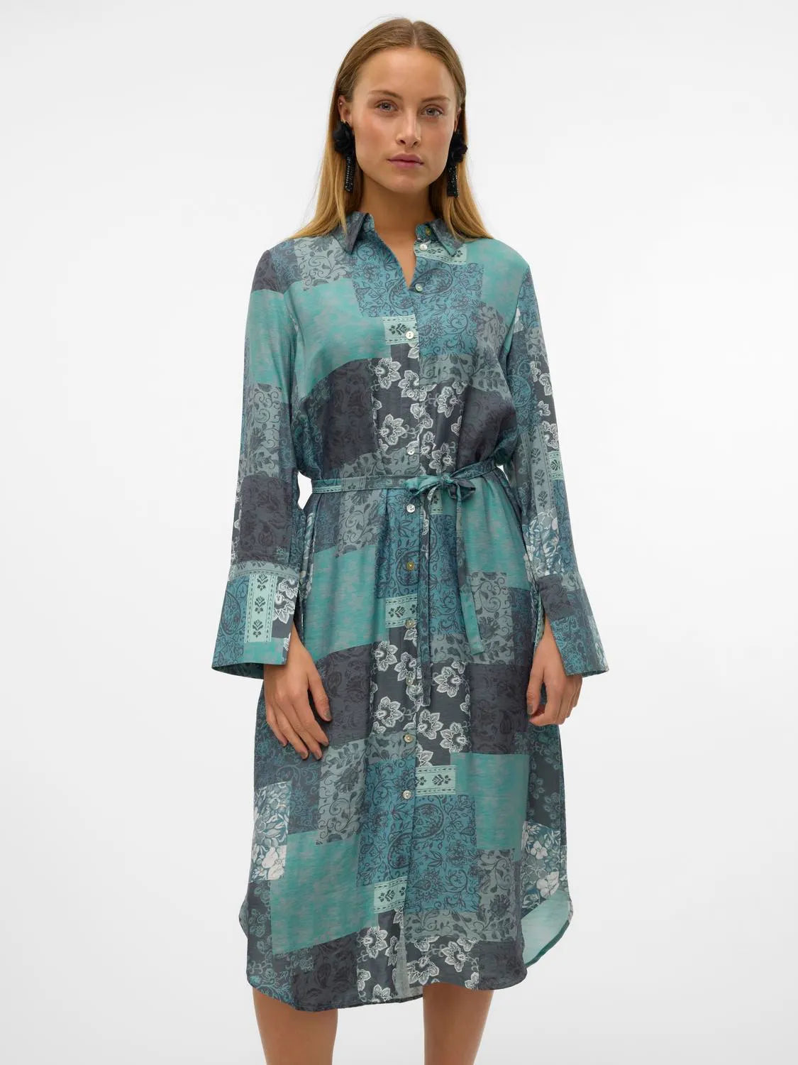 VERO MODA Natja Flora LS Shirt Dress - Green Print