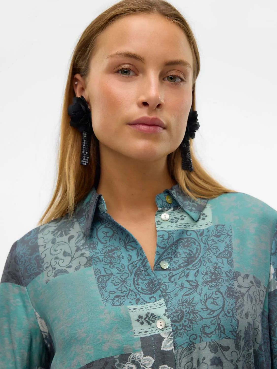 VERO MODA Natja Flora LS Shirt Dress - Green Print