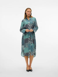 VERO MODA Natja Flora LS Shirt Dress - Green Print