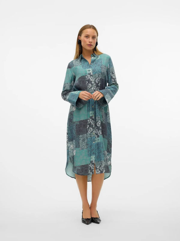 VERO MODA Natja Flora LS Shirt Dress - Green Print